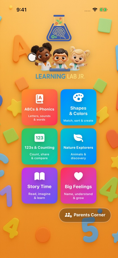 Learning Lab Jr. home screen with six colorful learning categories